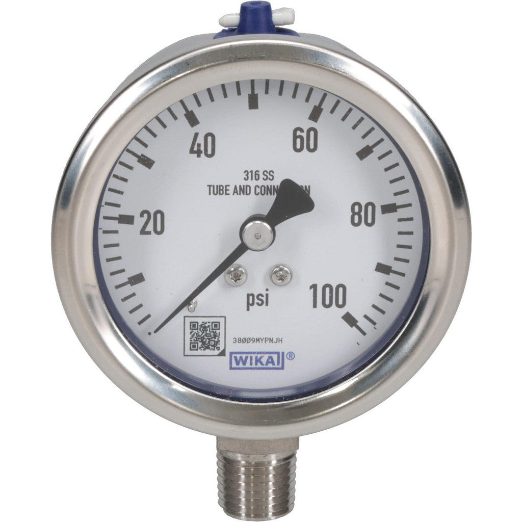 Wika 9768700 Wika Pressure Gauge: 2-1/2" Dial Dia, 0 Min psi, 100 Max psi, 1/4" (9768700)