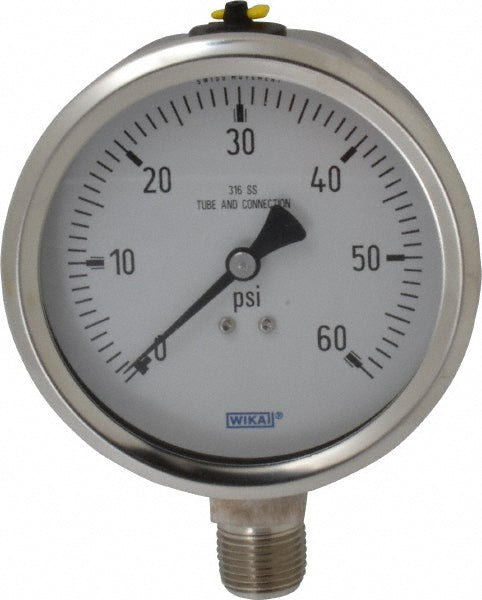 Wika 9768530 Wika Pressure Gauge: 4" Dial Dia, 0 Min psi, 60 Max psi, 1/2", NPT (9768530)