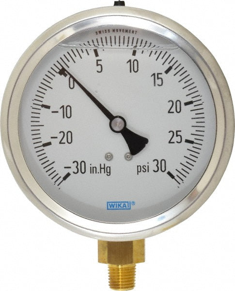 Wika 9699045 Wika Pressure Gauge: 4" Dial Dia, -30 Min psi, 30 Max psi, 1/4", NPT (9699045)