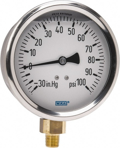 Wika 9699061 Wika Pressure Gauge: 4" Dial Dia, -30 Min psi, 100 Max psi, 1/4", NPT (9699061)