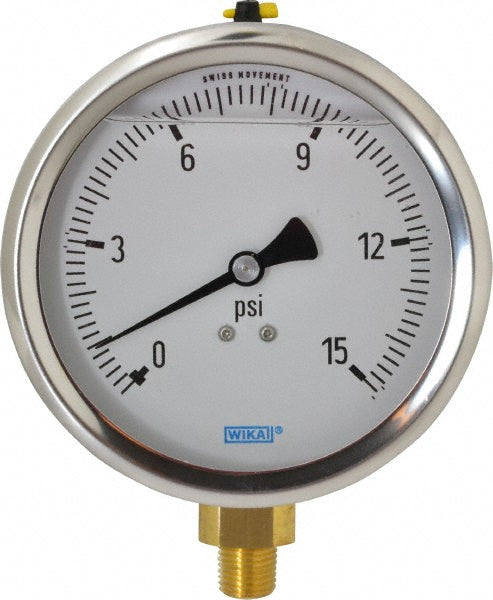 Wika 9699095 Wika Pressure Gauge: 4" Dial Dia, 0 Min psi, 15 Max psi, 1/4", NPT (9699095)