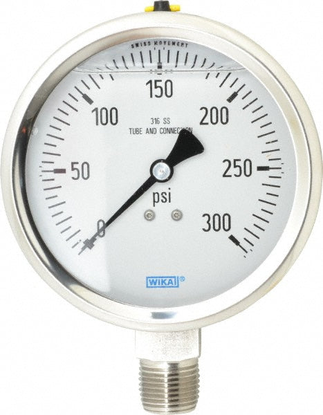 Wika 9833442 Wika Pressure Gauge: 4" Dial Dia, 0 Min psi, 300 Max psi, 1/2", NPT (9833442)