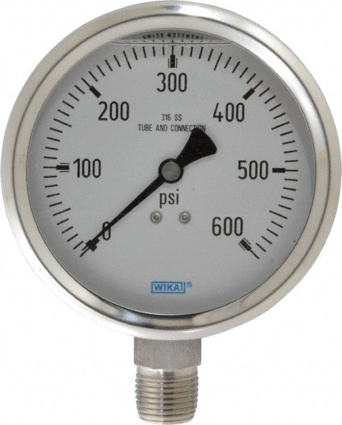 Wika 9833727 Wika Pressure Gauge: 4" Dial Dia, 0 Min psi, 600 Max psi, 1/2", NPT (9833727)
