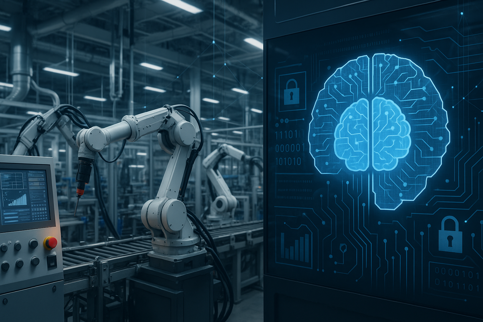 Industrial editorial illustration for AI in Manufacturing Won\u2019t Scale Without the Right Plant Foundation.