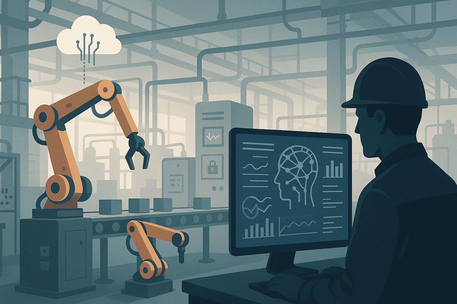 Industrial editorial illustration for From Pilot to Production: Scaling Industrial AI Without Destabilizing Operations.