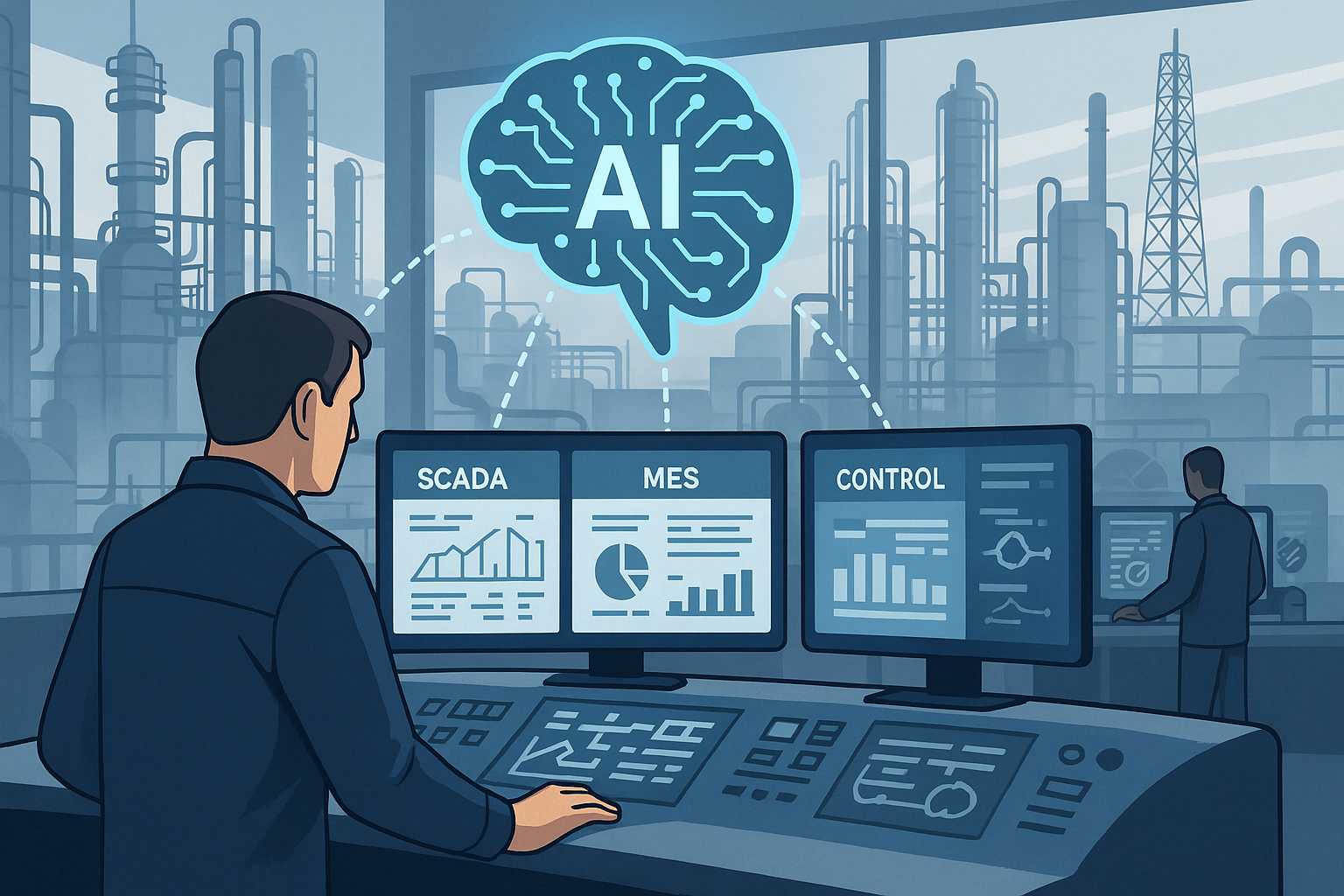 Industrial editorial illustration for How to Add AI to Existing SCADA, MES, and Control Systems Without Rip-and-Replace.