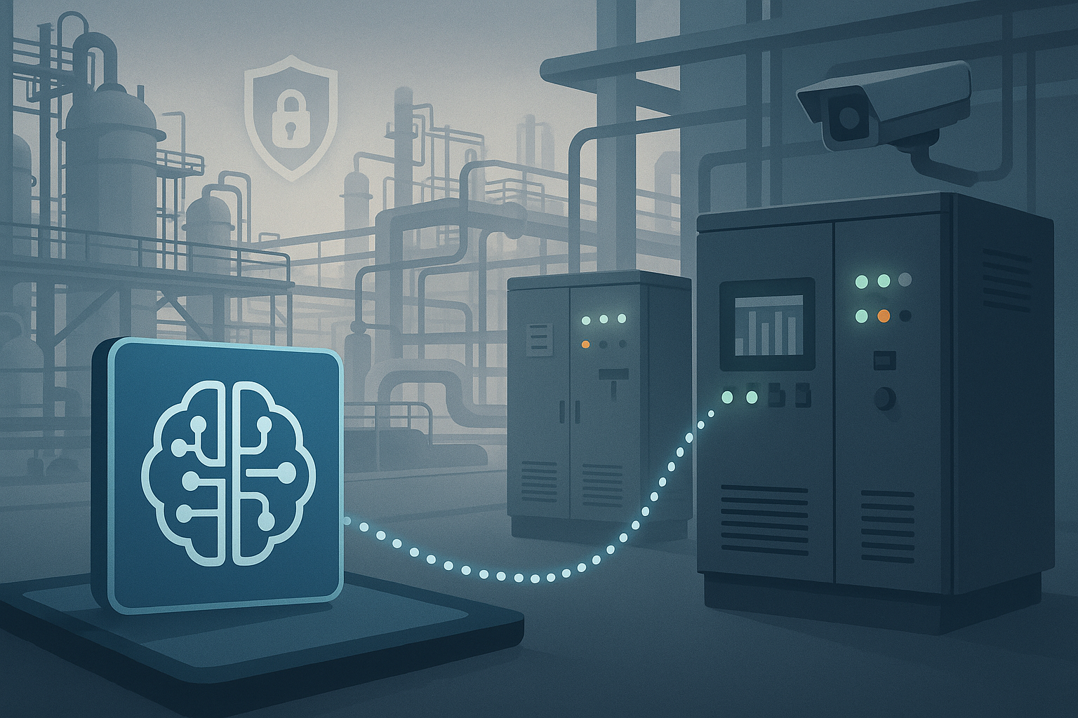 Industrial editorial illustration for How to Add Industrial AI Safely to Existing Automation Systems.