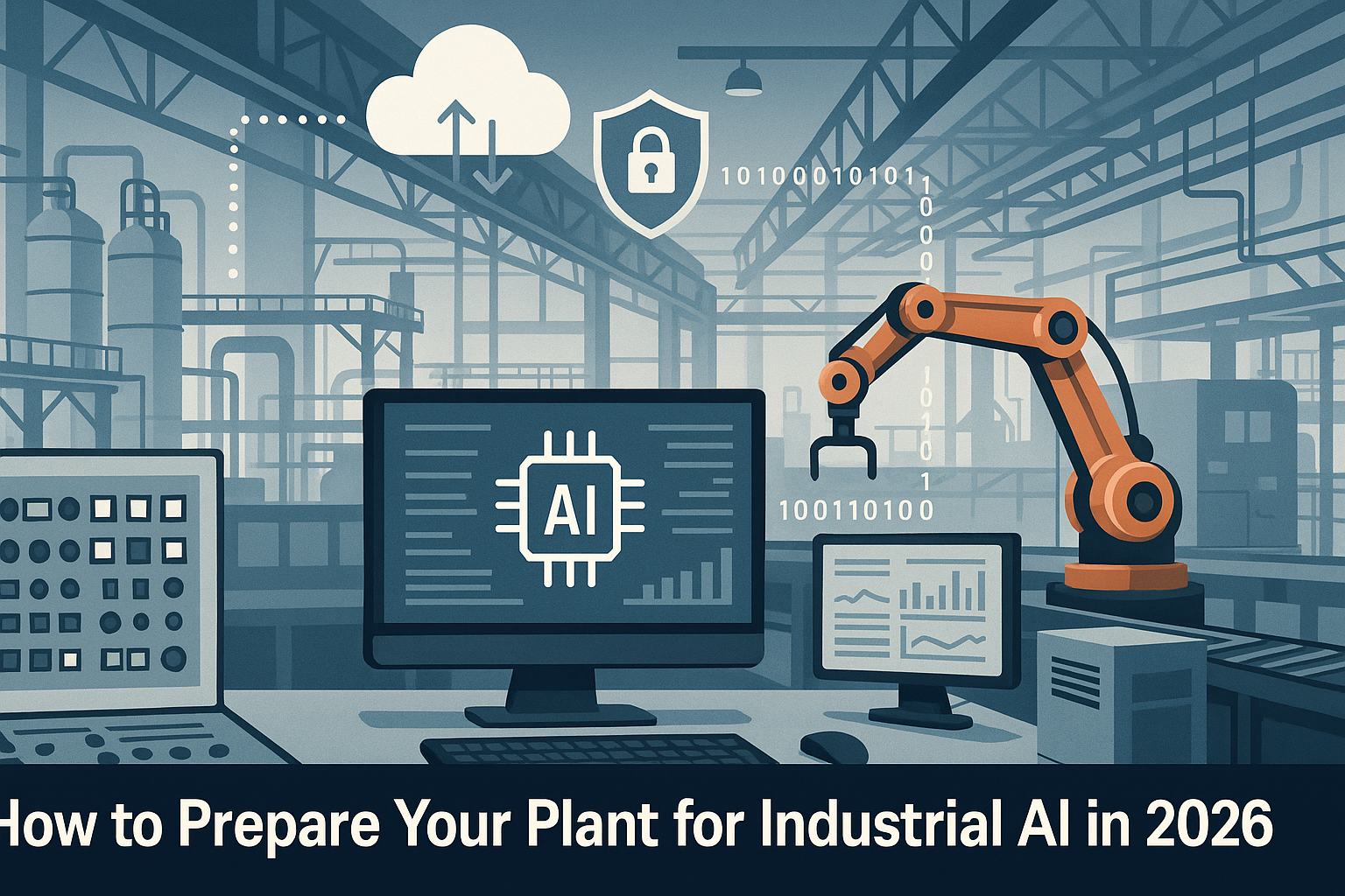 Industrial editorial illustration for How to Prepare Your Plant for Industrial AI in 2026.