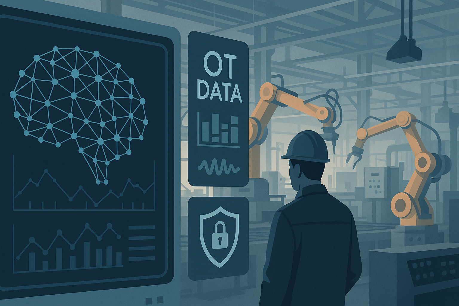 Industrial editorial illustration for Industrial AI After the Pilot: What Plants Have to Fix First.