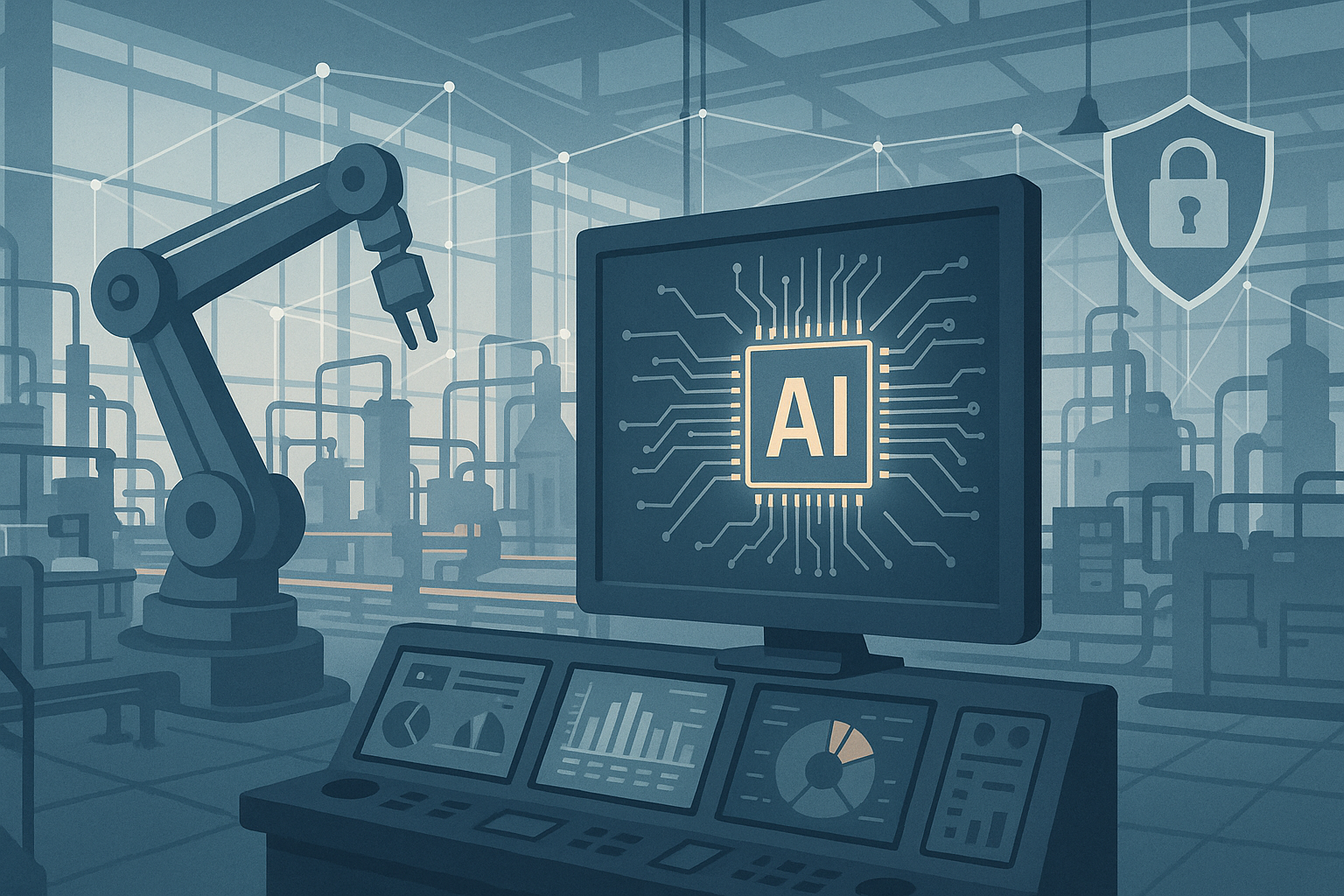 Industrial editorial illustration for Industrial AI After the Pilot: What Plants Must Fix First.