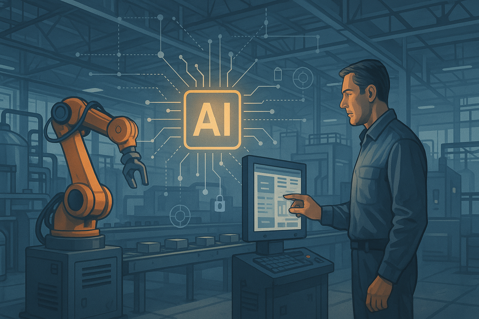Industrial editorial illustration for Industrial AI Readiness on the Plant Floor: 5 Conditions Before You Scale.