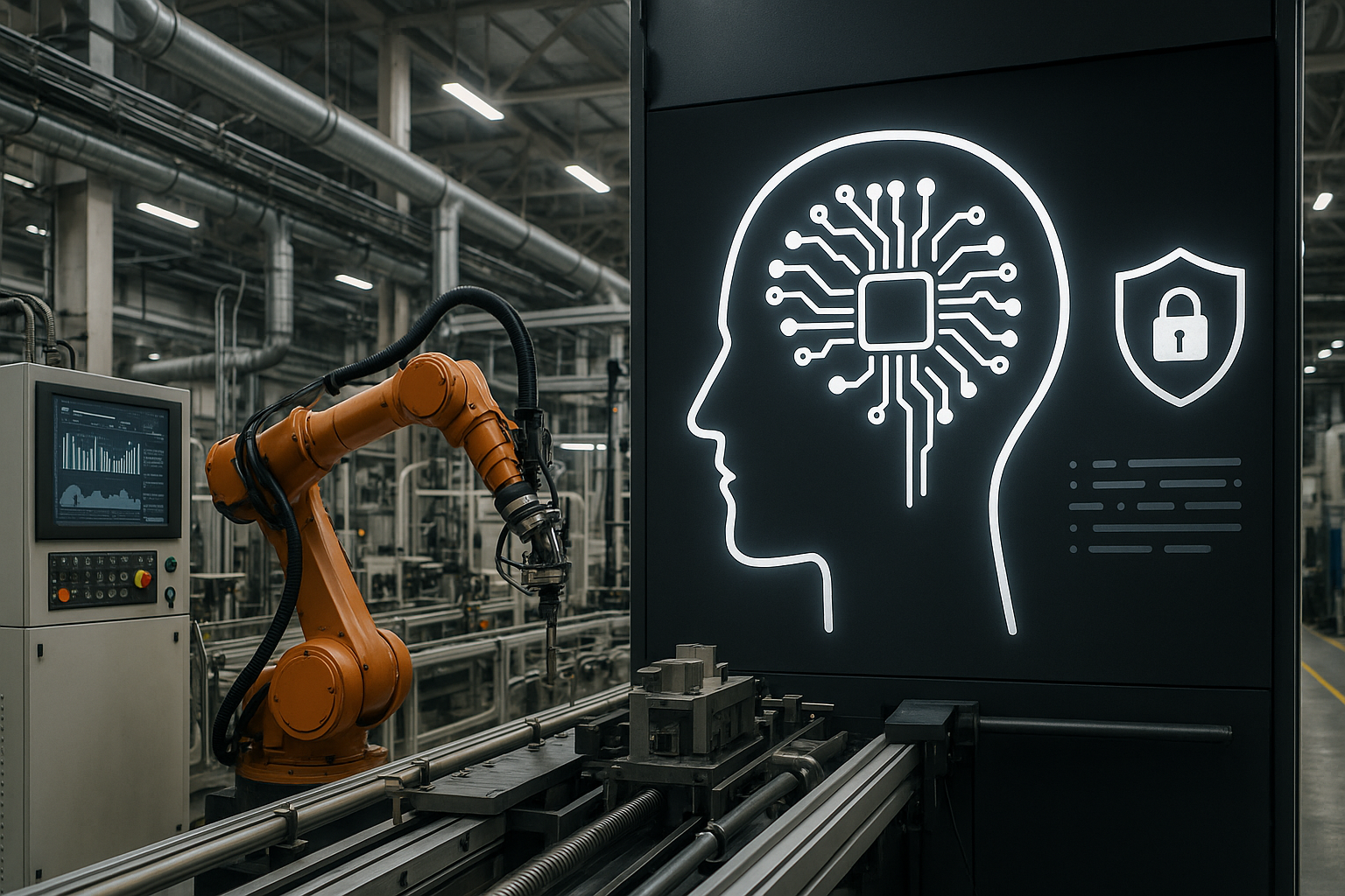 Industrial editorial illustration for Industrial AI Readiness: Six Conditions for Moving from Pilot to Production.