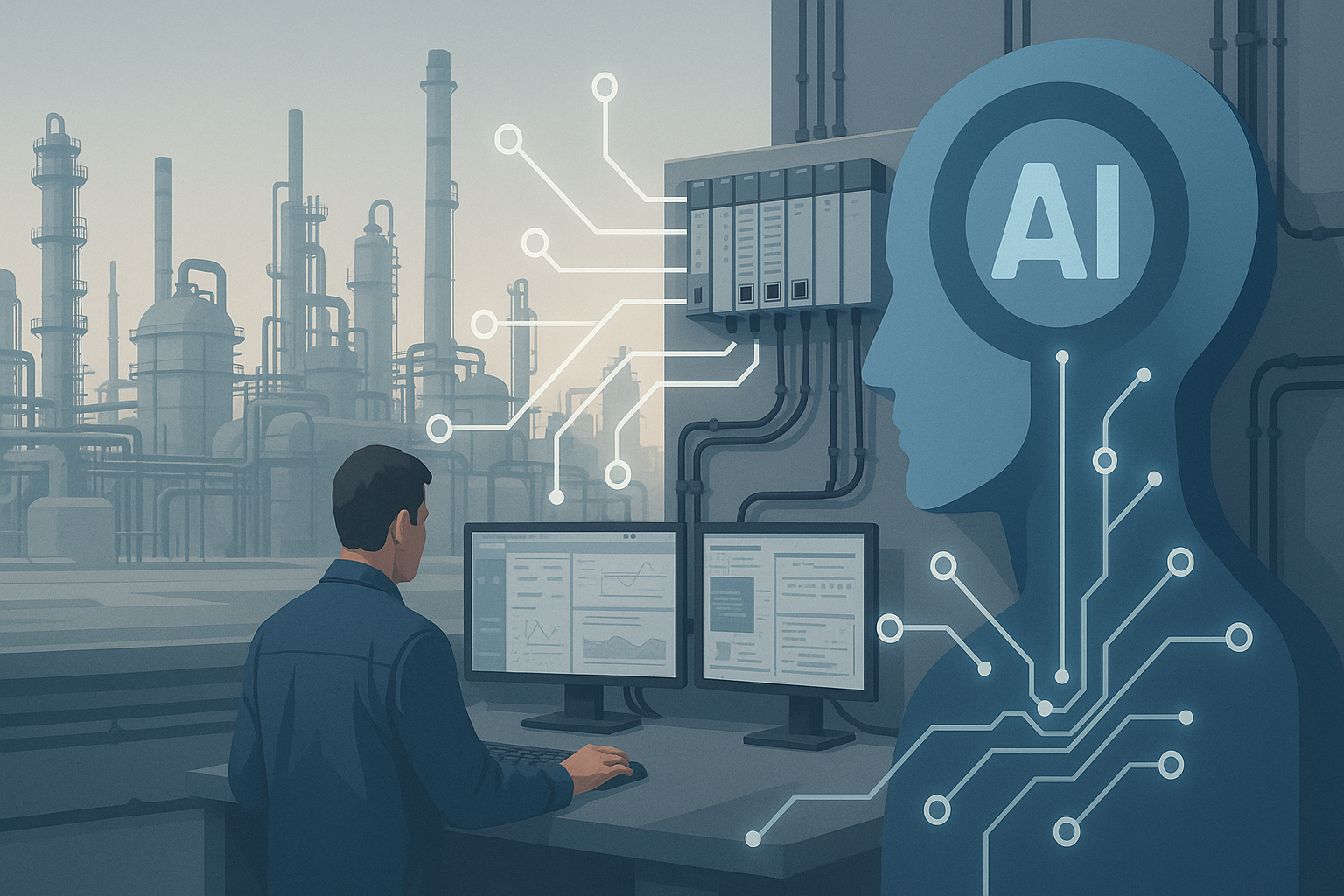 Industrial editorial illustration for Industrial AI Without Rip-and-Replace.