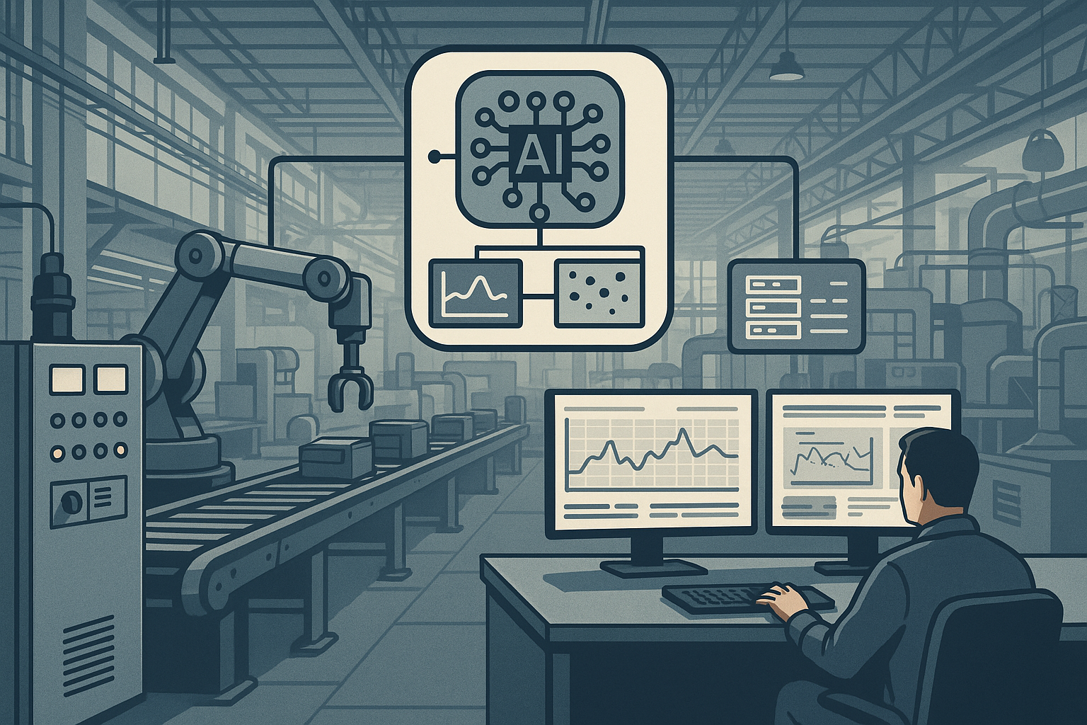 Industrial editorial illustration for Why Industrial AI Pilots Stall\u2014and How to Move Them Into Production.