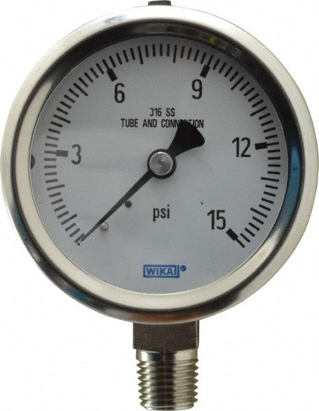 Wika 9768734 Wika Pressure Gauge: 2-1/2" Dial Dia, 0 Min psi, 15 Max psi, 1/4" (9768734)