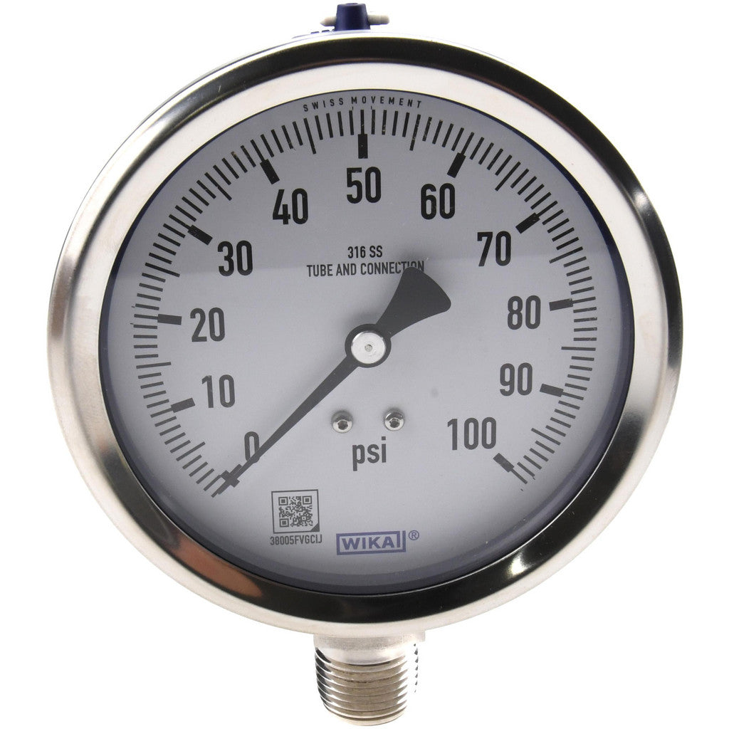 Wika 9768548 Wika Pressure Gauge: 4" Dial Dia, 0 Min psi, 100 Max psi, 1/2", NPT (9768548)
