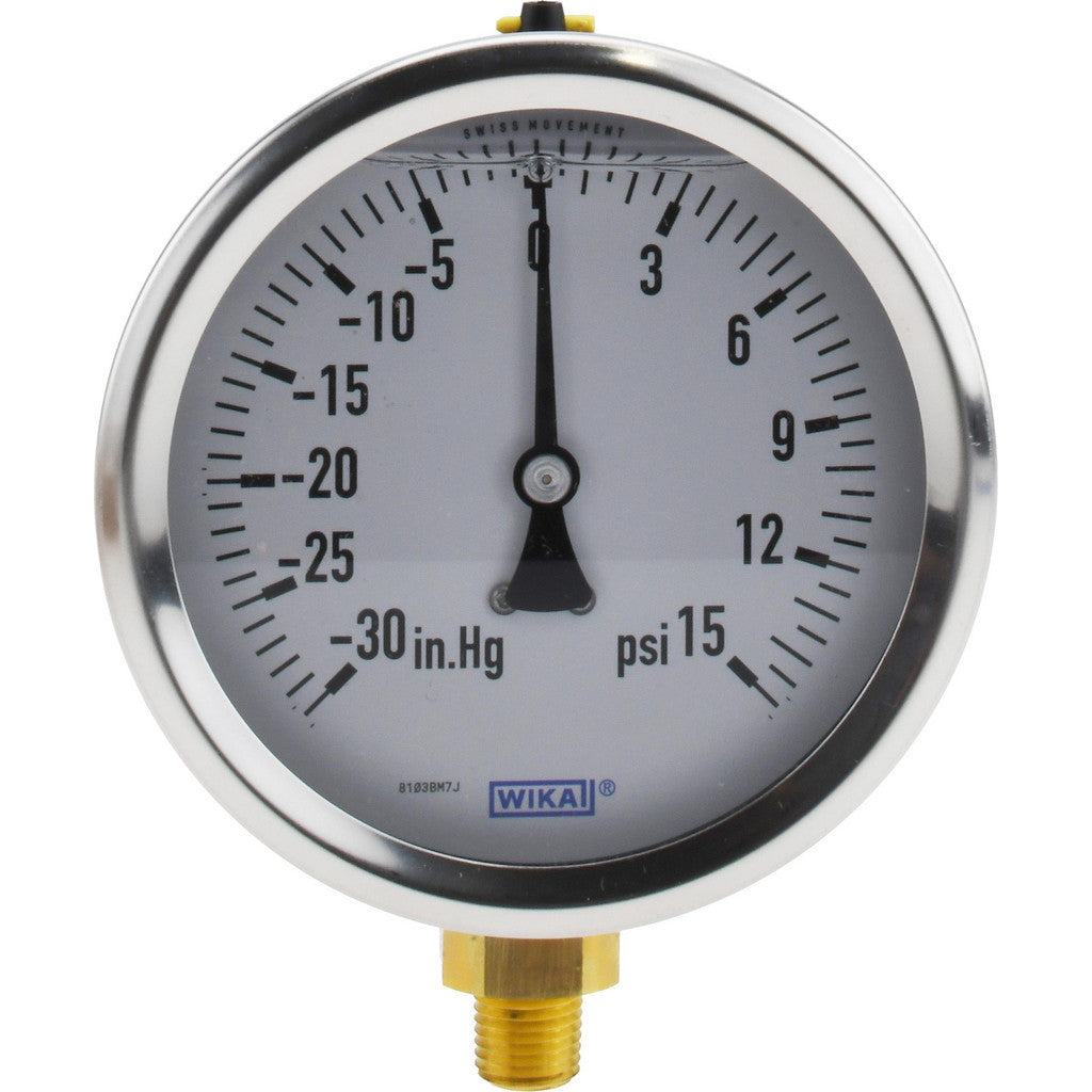 Wika 9699036 Wika Pressure Gauge: 4" Dial Dia, -30 Min psi, 15 Max psi, 1/4", NPT (9699036)
