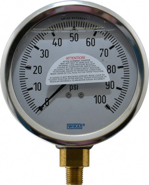 Wika 9699125 Wika Pressure Gauge: 4" Dial Dia, 0 Min psi, 100 Max psi, 1/4", NPT (9699125)
