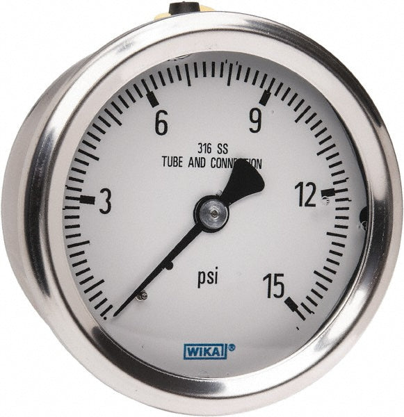 Wika 9833272 Wika Pressure Gauge: 2-1/2" Dial Dia, 0 Min psi, 15 Max psi, 1/4" (9833272)
