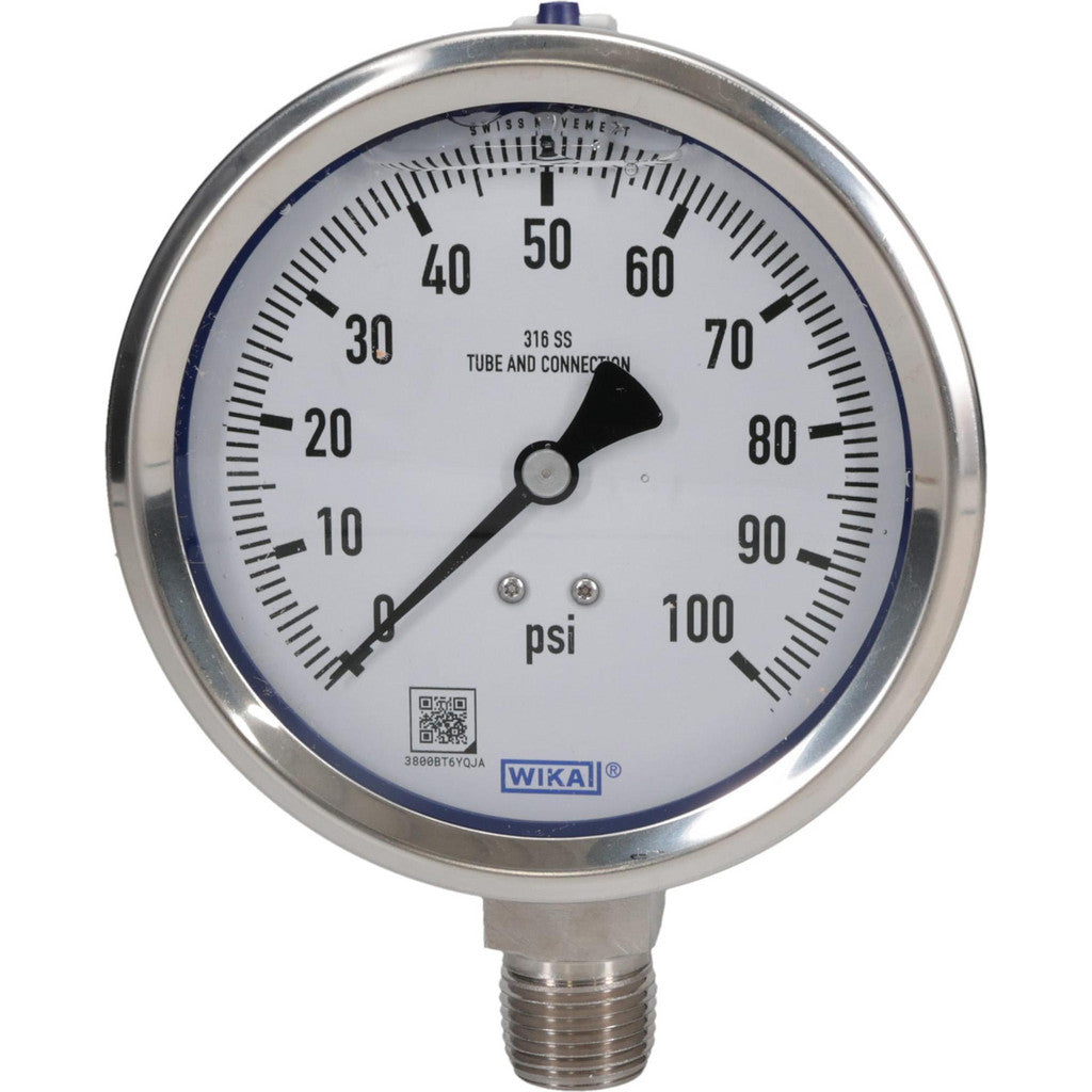 Wika 9833417 Wika Pressure Gauge: 4" Dial Dia, 0 Min psi, 100 Max psi, 1/2", NPT (9833417)