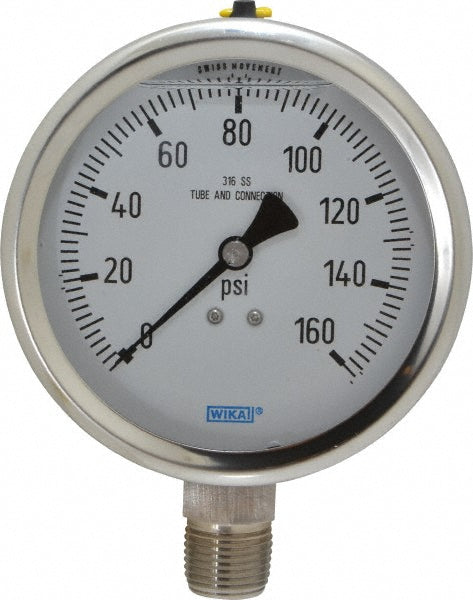 Wika 9833425 Wika Pressure Gauge: 4" Dial Dia, 0 Min psi, 160 Max psi, 1/2", NPT (9833425)