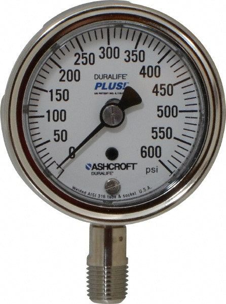 Ashcroft 94333XLL Ashcroft Pressure Gauge: 2-1/2" Dial Dia, 0 Min psi, 600 Max psi (94333XLL)