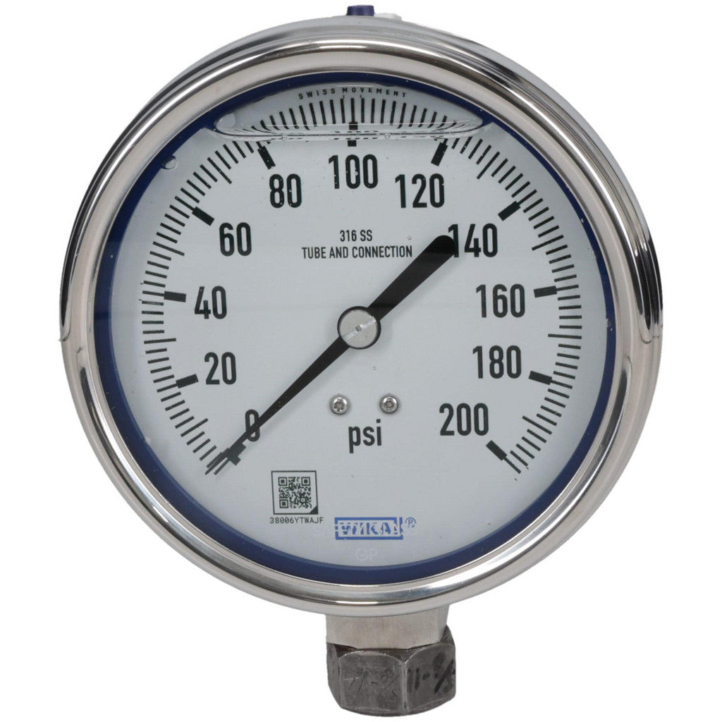 Wika 9832399 Wika Pressure Gauge: 4" Dial Dia, 0 Min psi, 200 Max psi, 1/4", Lower (9832399)
