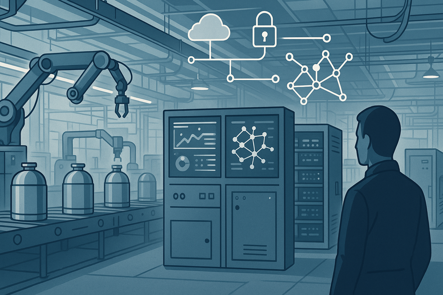 Industrial editorial illustration for Before AI Agents Scale: Five Layers of Plant Readiness.