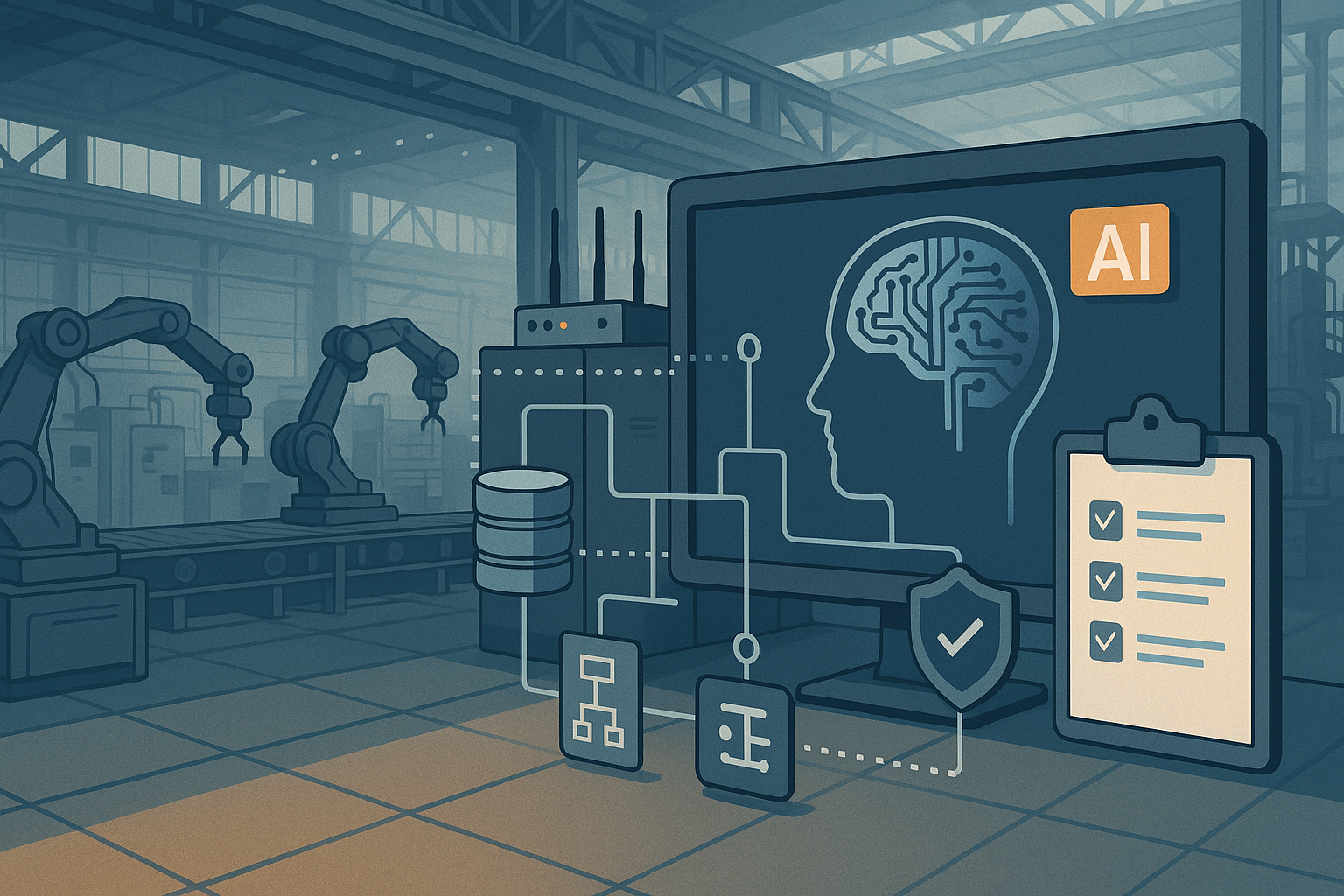 Industrial editorial illustration for Before Scaling Industrial AI, Fix Data, Architecture, and Governance.