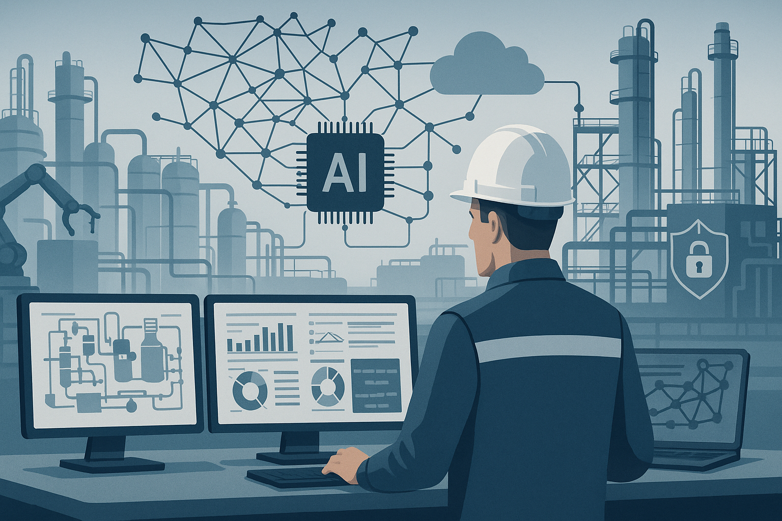 Industrial editorial illustration for Before You Scale Industrial AI, Fix the Foundation.