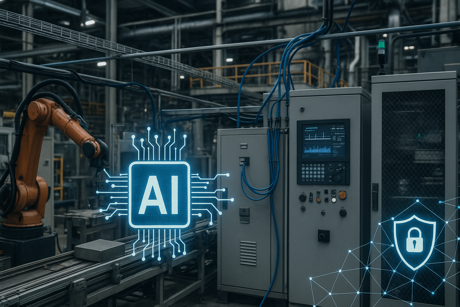Industrial editorial illustration for Closing the Industrial AI Execution Gap: What Plants Must Fix First.