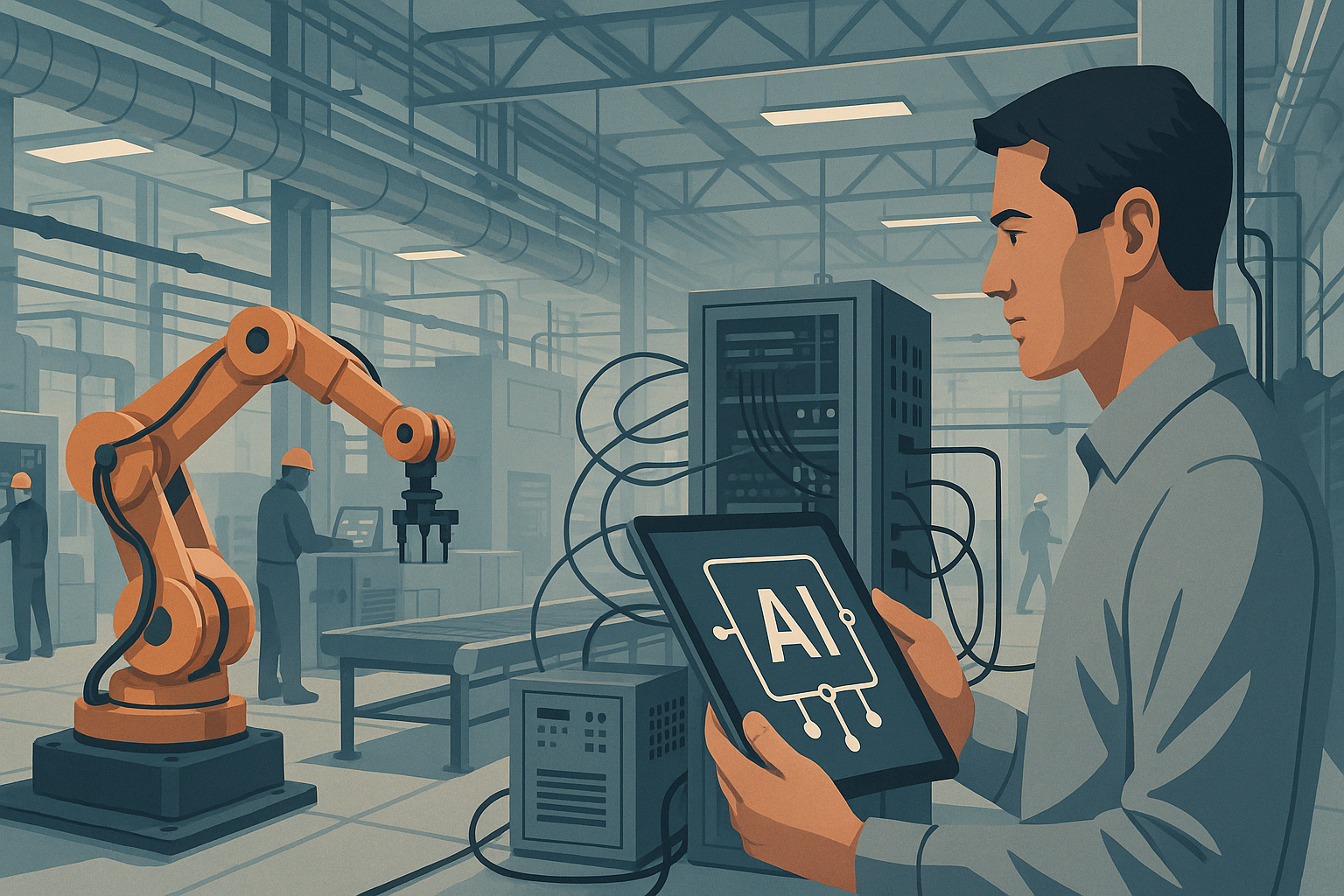 Industrial editorial illustration for From Pilot to Production: The Plant-Floor Basics That Make Industrial AI Work.