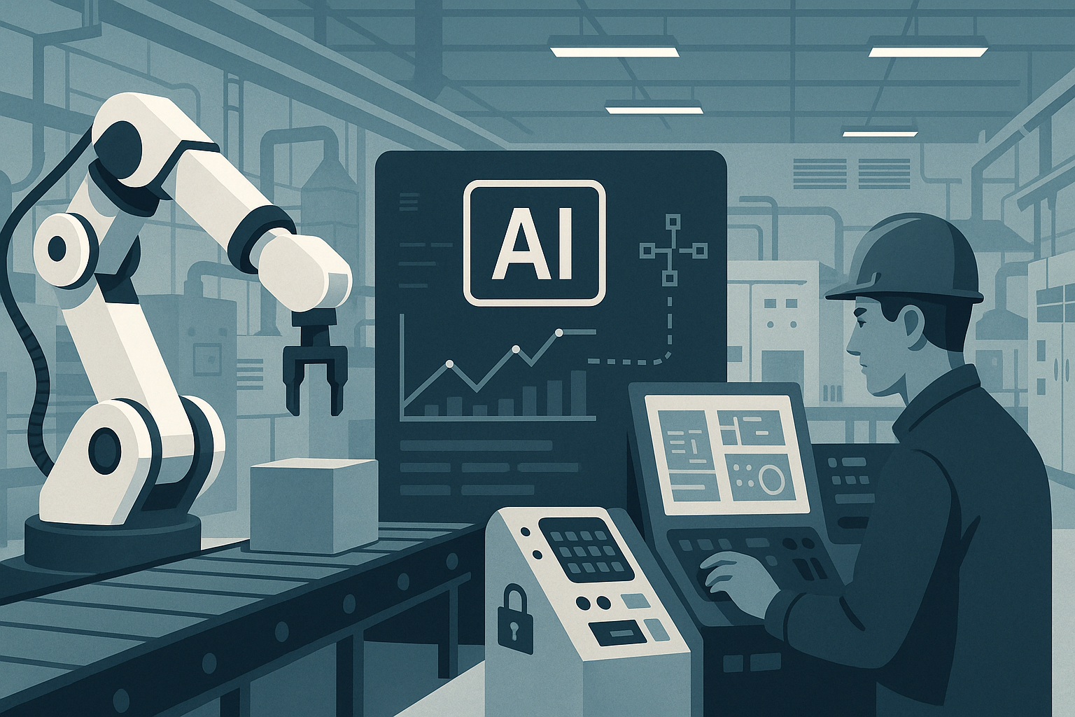 Industrial editorial illustration for How to Scale Industrial AI Beyond Pilots.