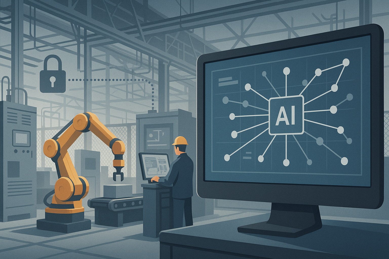 Industrial editorial illustration for How to Scale Industrial AI Beyond the Pilot Stage.