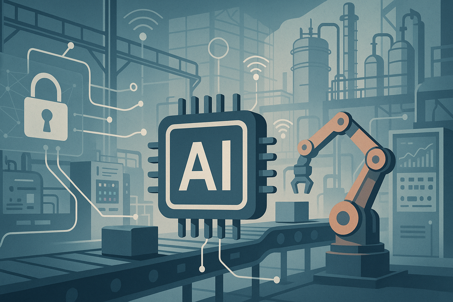 Industrial editorial illustration for Industrial AI Beyond Pilots: 5 Foundations Manufacturers Need.