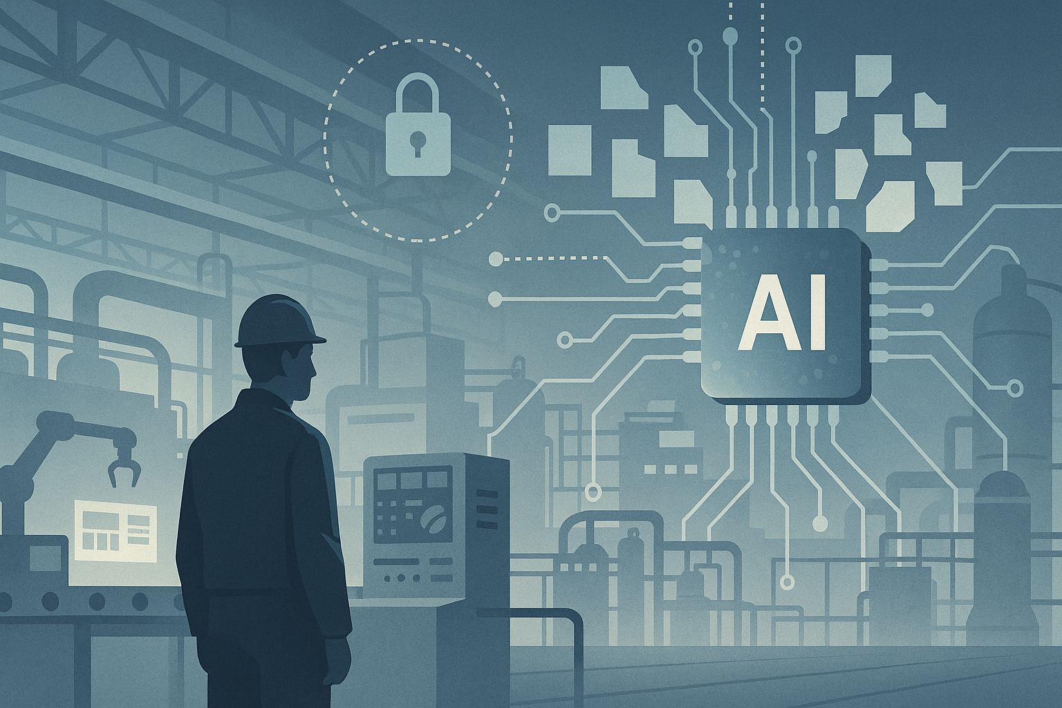 Industrial editorial illustration for Why Industrial AI Pilots Often Stall at the Data Layer.