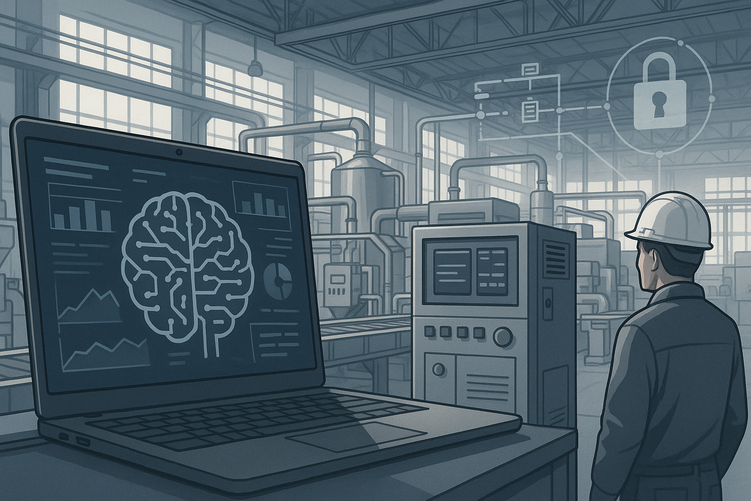 Industrial editorial illustration for Why Industrial AI Pilots Stall\u2014and How Plants Get to Production.