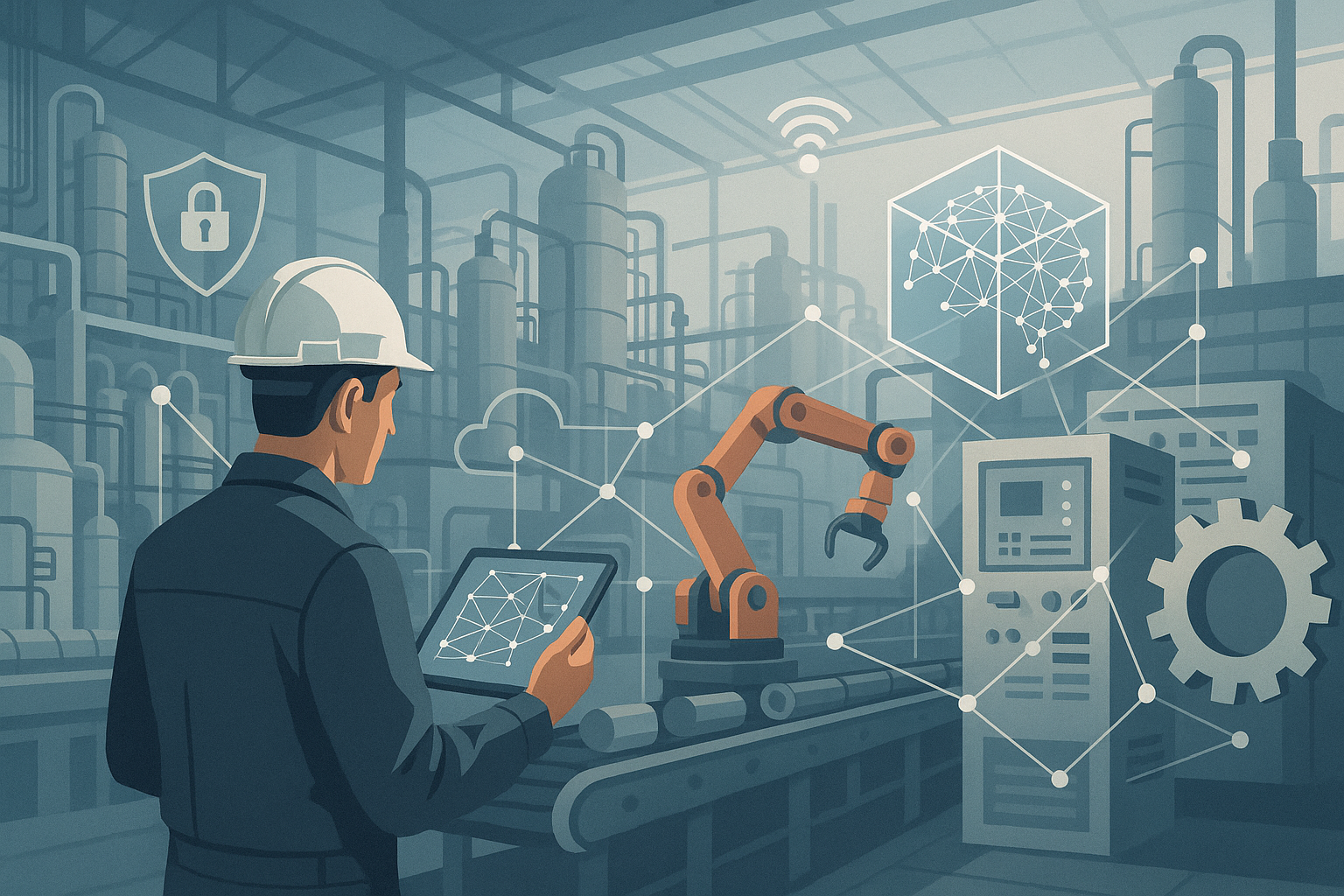 Industrial editorial illustration for Why Industrial AI Pilots Stall\u2014and the Four Foundations Needed to Scale Them.