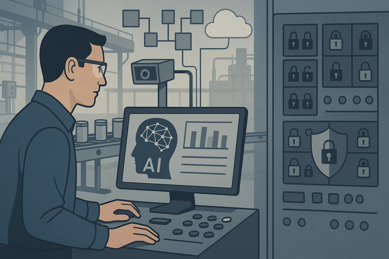 Industrial editorial illustration for Why Manufacturing AI Pilots Stall Before They Scale.